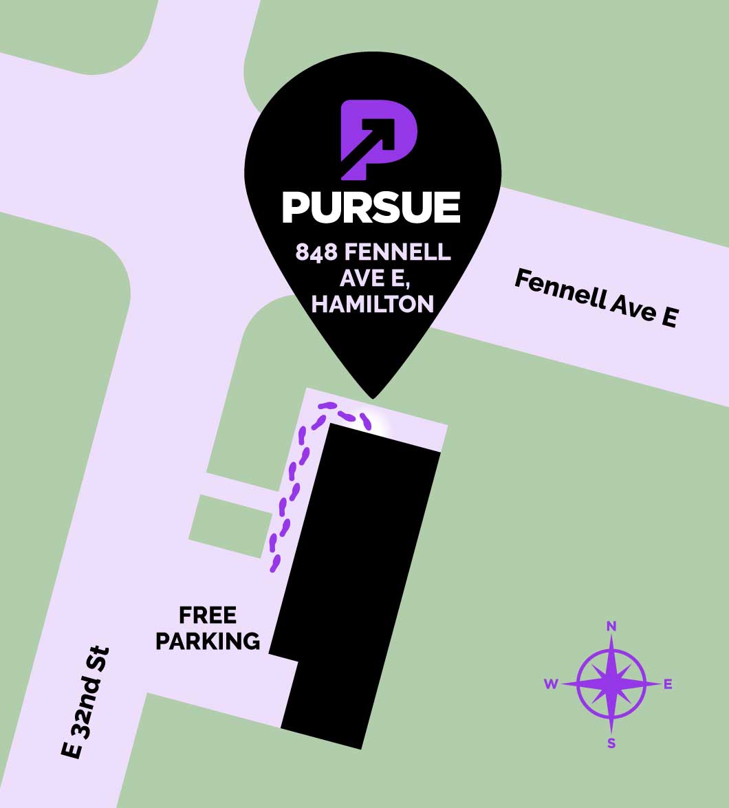 Pursue Physiotherapy + Performance is located at 868 Fennell Ave. E, Hamilton, Ontario. Enter the door that faces Fennell Ave.